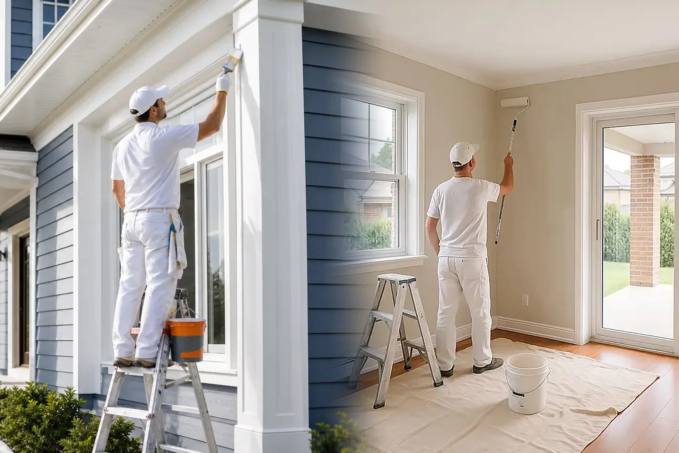 Exterior and interior house painting A painter on a ladder brushing white trim on a blue-sided house, blending into a painter rolling a beige living room wall