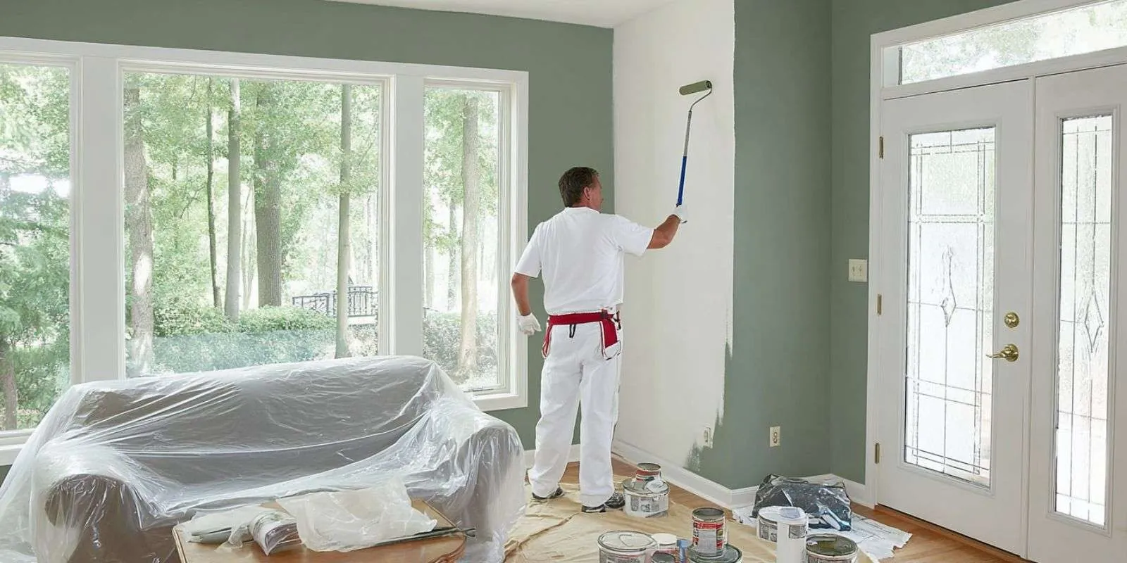 Painter rolling a living room wall in sage green, with the sofa covered in plastic
