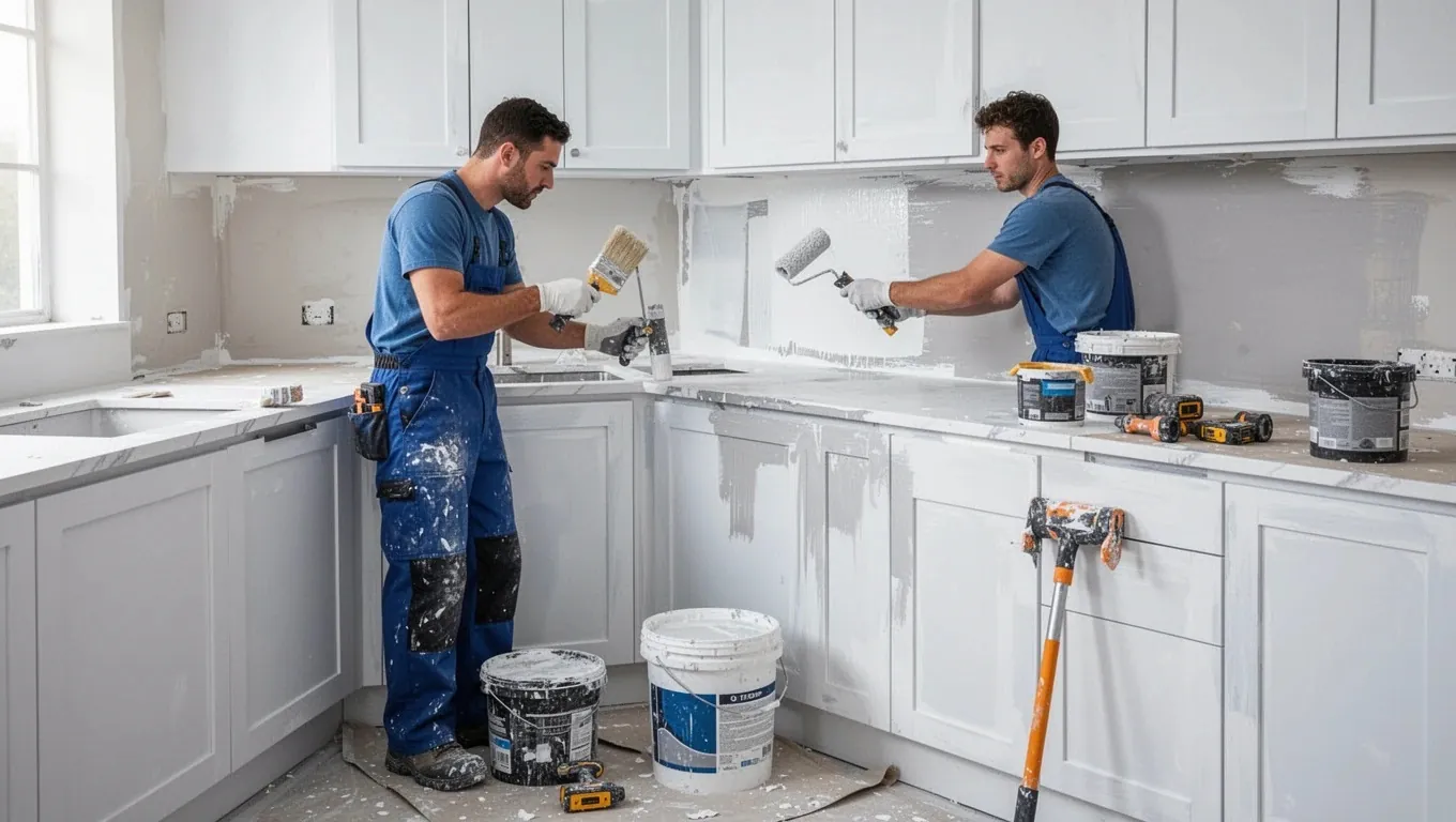 Kitchen cabinets refinished in white Two painters refinishing kitchen cabinets in white
