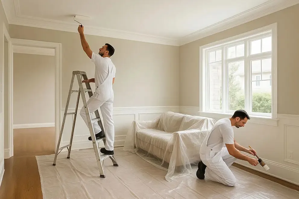 Two painters in a living room, one rolling the ceiling from a stepladder and one cutting in along the wainscoting, with the sofa and floor covered