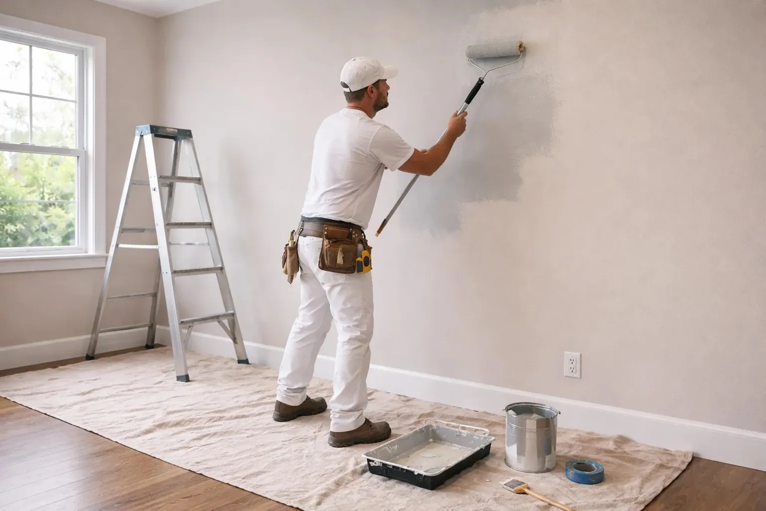 Painter rolling a fresh coat onto a wall, with a stepladder and drop cloth in the room